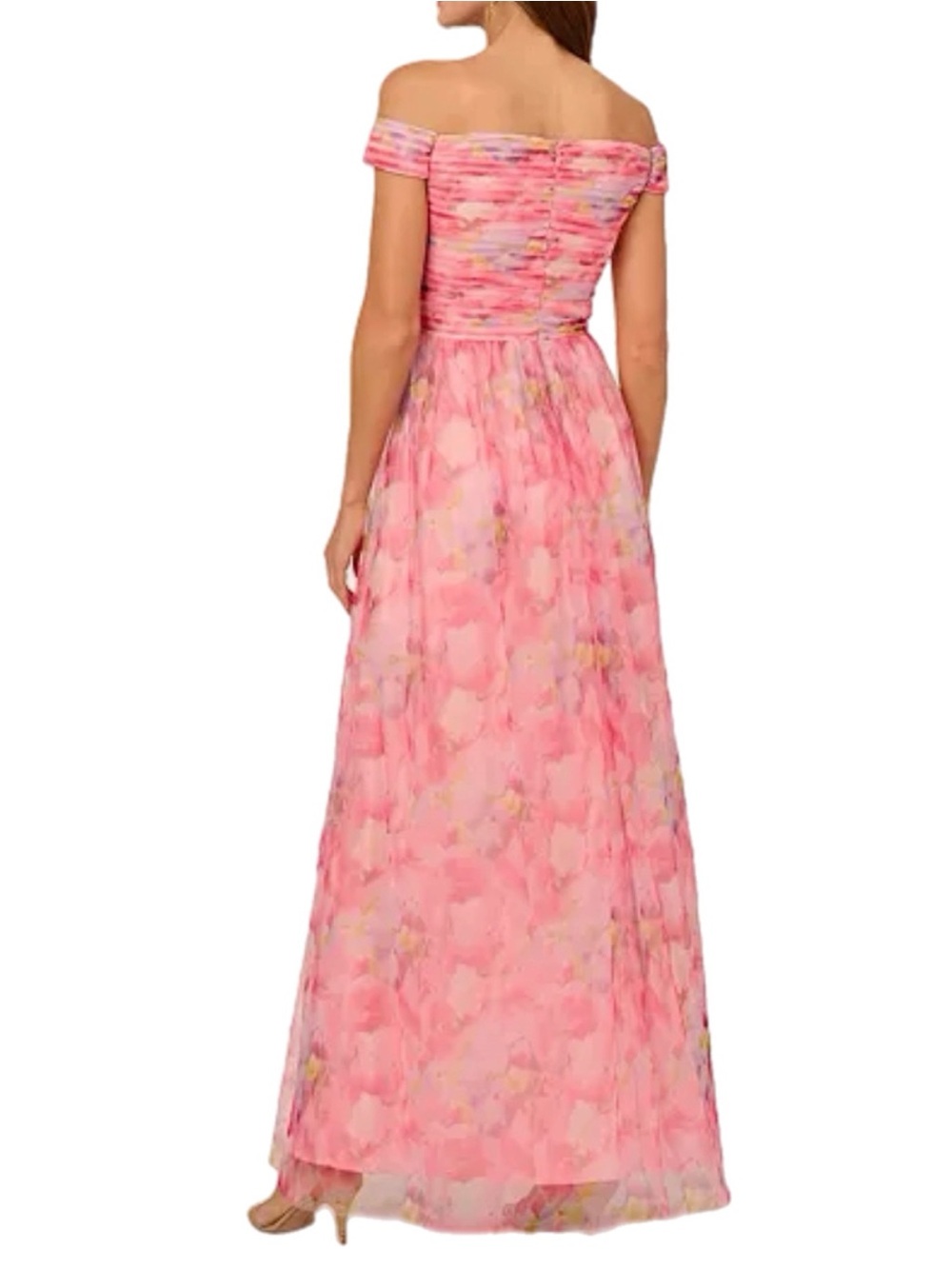 NWT Adrianna Papell $279 MSRP Off-Shoulder Pink Floral Chiffon Floral Maxi Gown - Picture 3 of 9